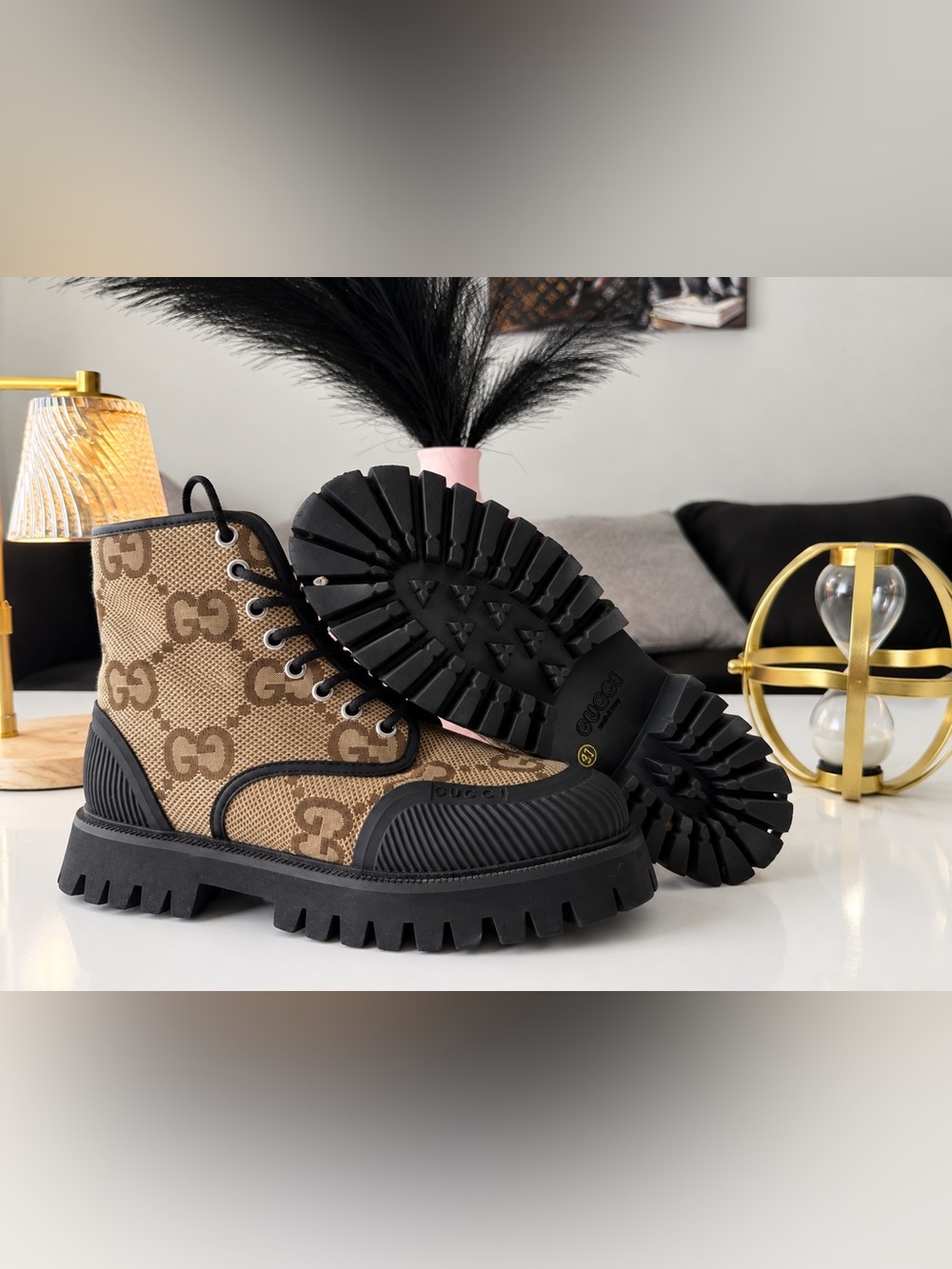 Gucci Men's Brown GG Canvas Lug-Sole Boots with Black Soles